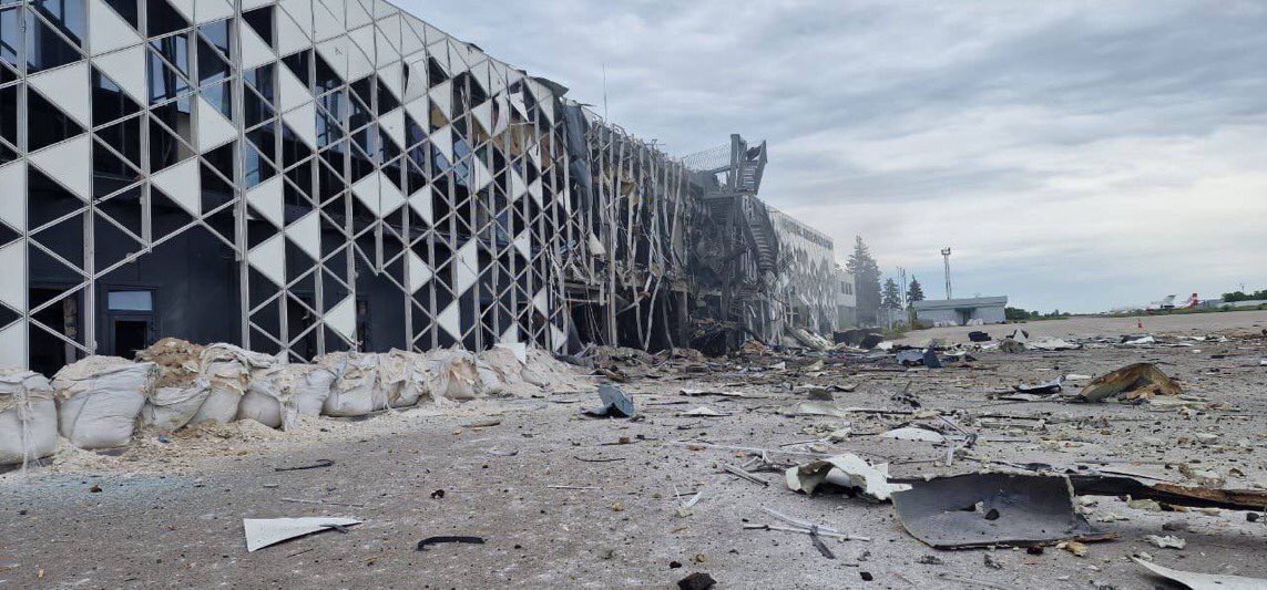 Zaporizhzhia international airport terminal built in 2020 after Russian strike earlier today.