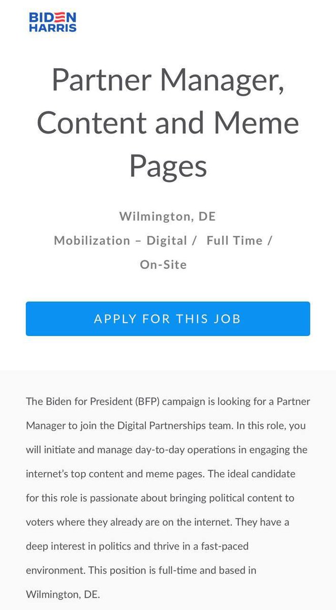 Ins1der_News's tweet photo. Joe Biden is seeking a full-time memologist with a salary of up to $85K per year

The candidate's responsibilities will involve daily analysis of memes related to the US government and identifying potential collaborations with bloggers.