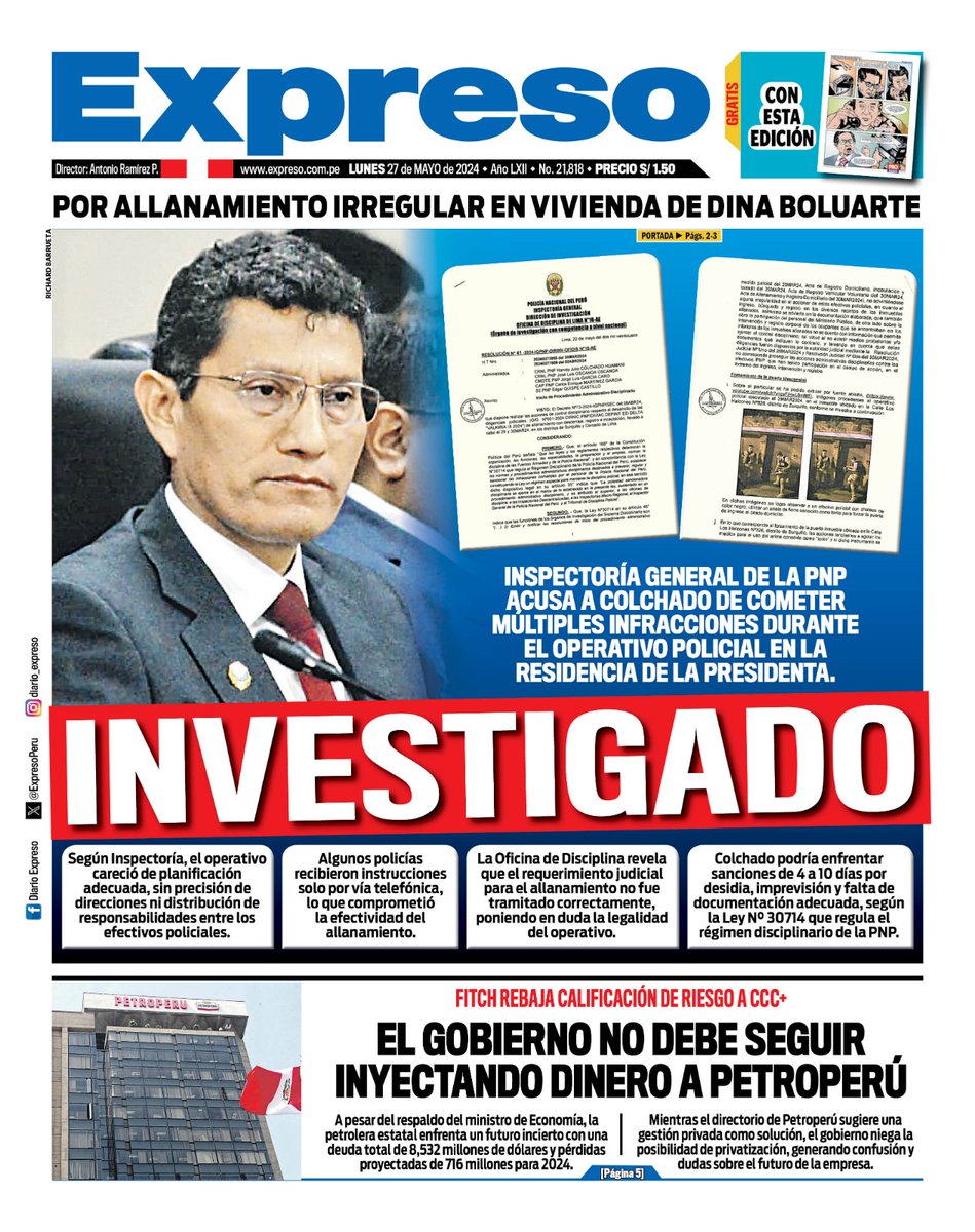 ExpresoPeru's tweet photo. 🗞 ¡Aquí la portada del Diario Expreso para este lunes 27 de mayo de 2024! 

📲 Visita nuestra web: https://t.co/fjIxdl8VUm https://t.co/psbYy5ksEN
