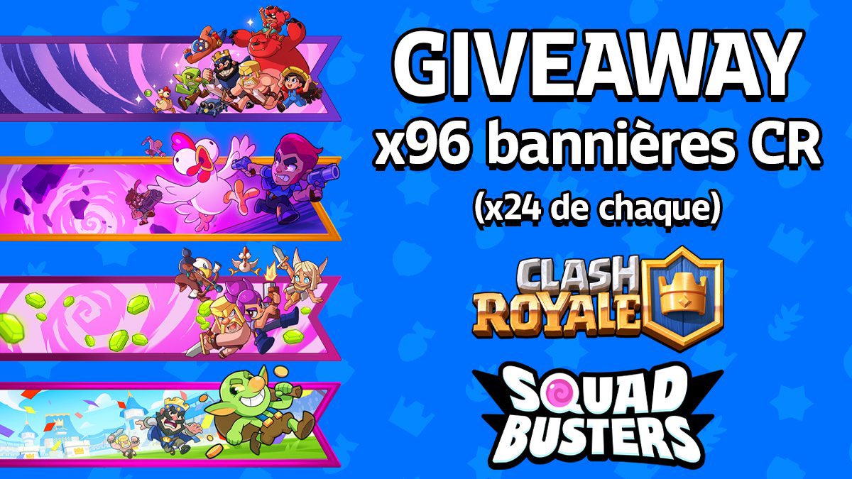 🚨 GIVEAWAY x96 bannières Clash Royale #ExclusiveBanners 🚨
Pour célébrer la sortie mondiale de <a href="/SquadBustersx/">Squad Busters</a> le mercredi 29 mai,je vous fais gagner des bannières absolument exclusives sur <a href="/ClashRoyale/">Clash Royale</a>!✨

Pour participer, il faut :
-RT + Like ce tweet 
-Follow <a href="/EDUARDOFODAO204/">eduardo feinho responsa simulator 2019</a>