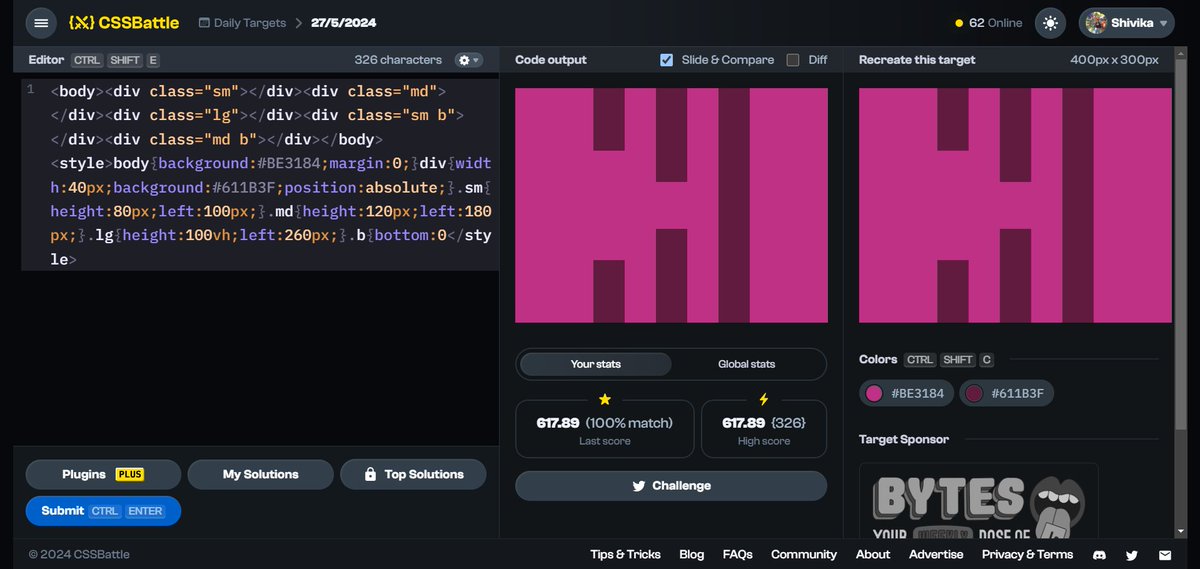 ShivikaInTech's tweet image. A 💯% match with a minimum number of characters yet!! 

{⚔️} Day 9 of #CSSBattleDaily streak: May 27  — 617.89 score / 326 chars cssbattle.dev/play/7bnFC1HEj… via @css_battle 

#css #webdev #learninginpublic