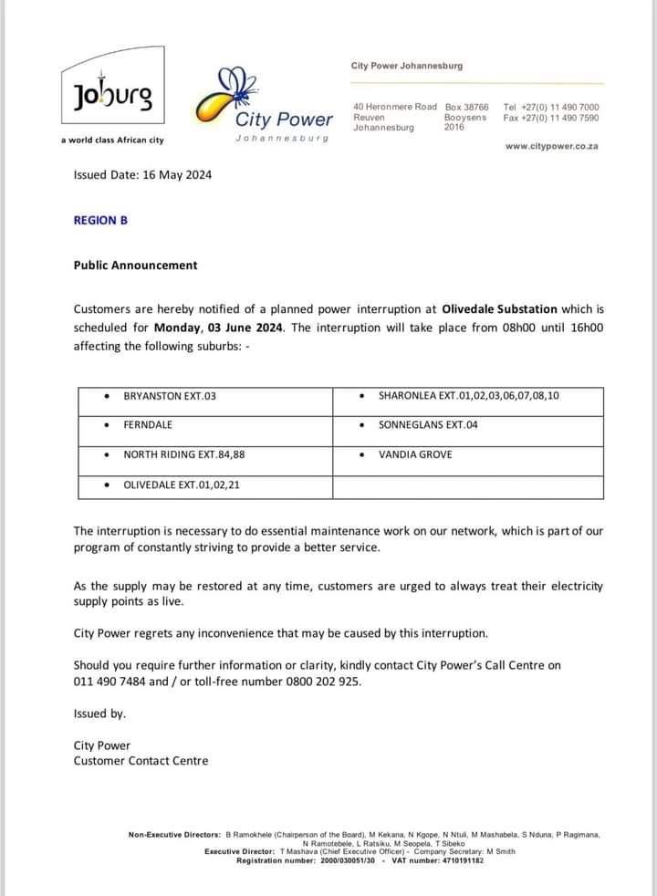 #CityPowerUpdates 
#PlannedMaintenance
#RandburgSDC 

Customers are hereby notified of a planned power interruption at Olivedale Substation which is
scheduled for Monday, 03 June 2024. ^NH