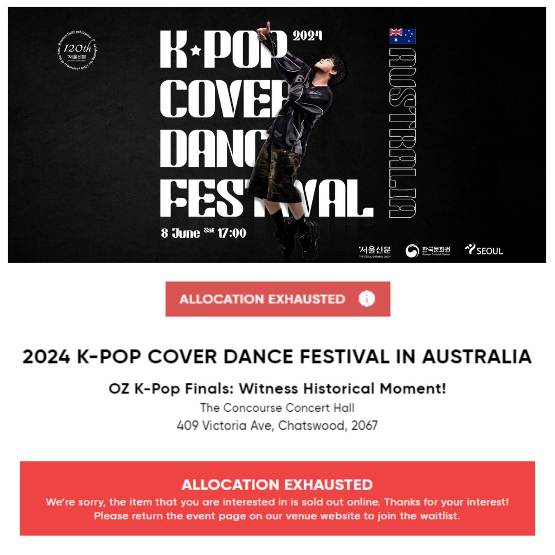 All seats for the 2024 K-pop Cover Dance Festival in Australia are now booked out! How exciting! If you have reserved a ticket but are unable to attend, please contact boxoffice@century.com.au with your seat number and ticket number, to make the seats available for others.