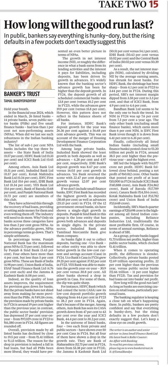 26 listed banks — 14 private, 7 public sector and 5 small finance banks —have less than 1% net NPAs in March 2024. When did we last see such robustness in Indian banking sector? Latest #BankersTrust in ⁦@bsindia⁩