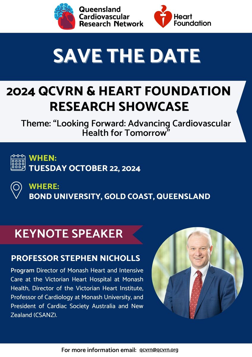 Queensland Cardiovascular Research Network (@qcvrn) on Twitter photo Mark your calendars for October 22, 2024, for the joint <a href="/QCVRN/">Queensland Cardiovascular Research Network</a> and <a href="/heartfoundation/">Heart Foundation</a> Research Showcase, to be held at <a href="/BondUniversity/">Bond University</a> in Gold Coast QLD.
We're excited to have <a href="/ProfSNicholls/">Steve Nicholls</a> as our keynote speaker.
Keep an eye out for abstract and registration open dates!! Mark your calendars for October 22, 2024, for the joint <a href="/QCVRN/">Queensland Cardiovascular Research Network</a> and <a href="/heartfoundation/">Heart Foundation</a> Research Showcase, to be held at <a href="/BondUniversity/">Bond University</a> in Gold Coast QLD.
We're excited to have <a href="/ProfSNicholls/">Steve Nicholls</a> as our keynote speaker.
Keep an eye out for abstract and registration open dates!!