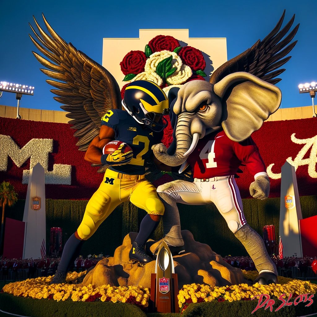 DrSlotsDrip's tweet photo. A dynamic scene featuring the Michigan Wolverine in a winged helmet, colored in maize (#FFC72C) and navy (#000000), standing imposingly over Big Al th.png #RollTide https://t.co/9JuJBYYrQ1