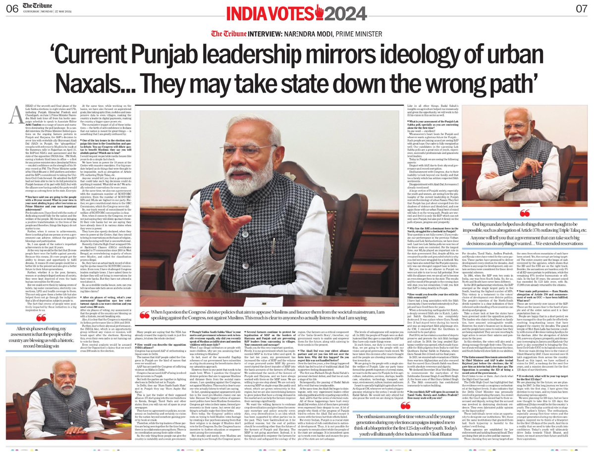 In my interview with @thetribunechd, I share my views on the current elections, our vision for Punjab and the way ahead in terms of taking India to new heights of progress. tribuneindia.com/news/india/cur…