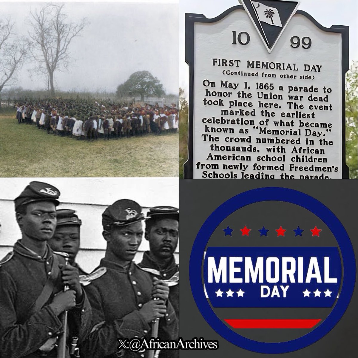 The earliest celebration of what has become known as Memorial Day (1865) is attributed to formally enslaved Africans who started a tradition to honor fallen Union soldiers & celebrate emancipation. Source: @AfricanArchives #BlackHistoryIsAmericanHistory 

A THREAD