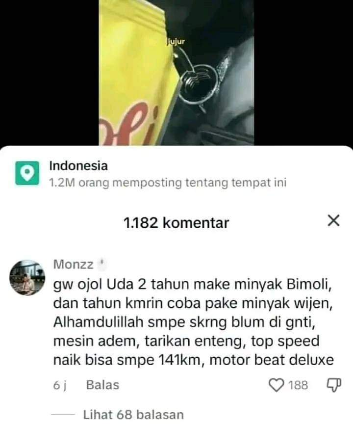 Pernah, pake minyak kayu putih, motor jadi ga pernah masuk angin. Dicoba jg, pake minyak jelantah bekas goreng terasi, pas motor lewat jadi pada nyahut, wuih motornya bau sedep.