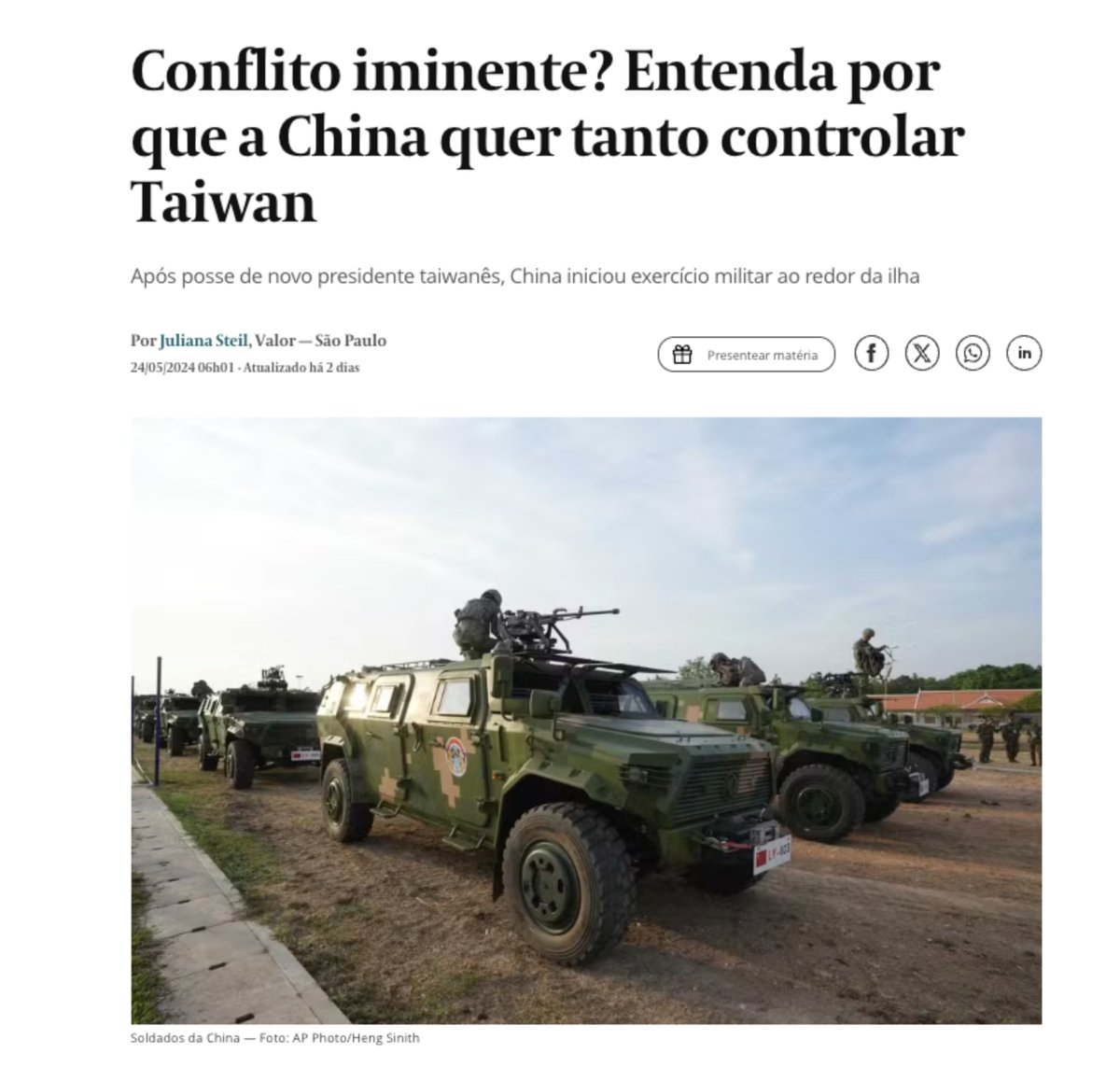 No dia 24 de maio, fui entrevistado pela Juliana Steil do Valor Econômico S/A sobre a importância do Estreito de Taiwan e os exercícios militares da China em torno da ilha. Na minha participação, destaquei a importância estratégica do Estreito para o comércio internacional e para