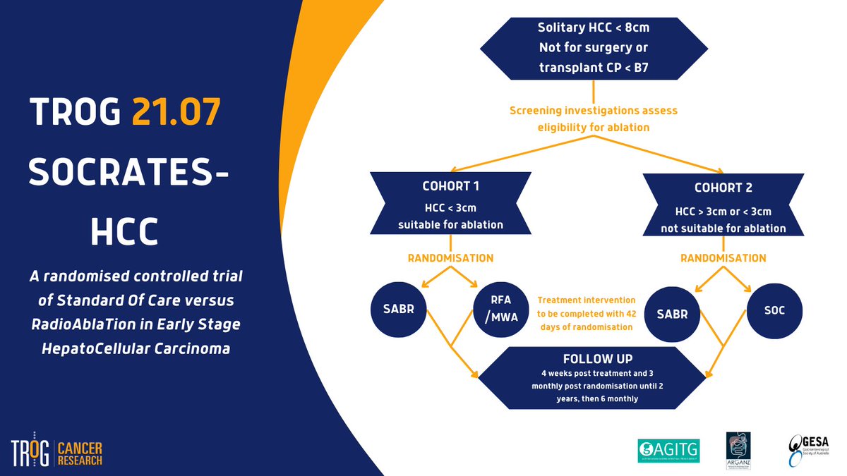 🔦 Spotlight on TROG 21.07 SOCRATES HCC!

The trial aims to explore whether Stereotactic Ablative Body Radiotherapy (SABR) can surpass conventional methods like thermal ablation (MWA/RFA)&amp; transarterial therapies (TACE/TARE).

For more info visit: trog.com.au/trials/trog-21…