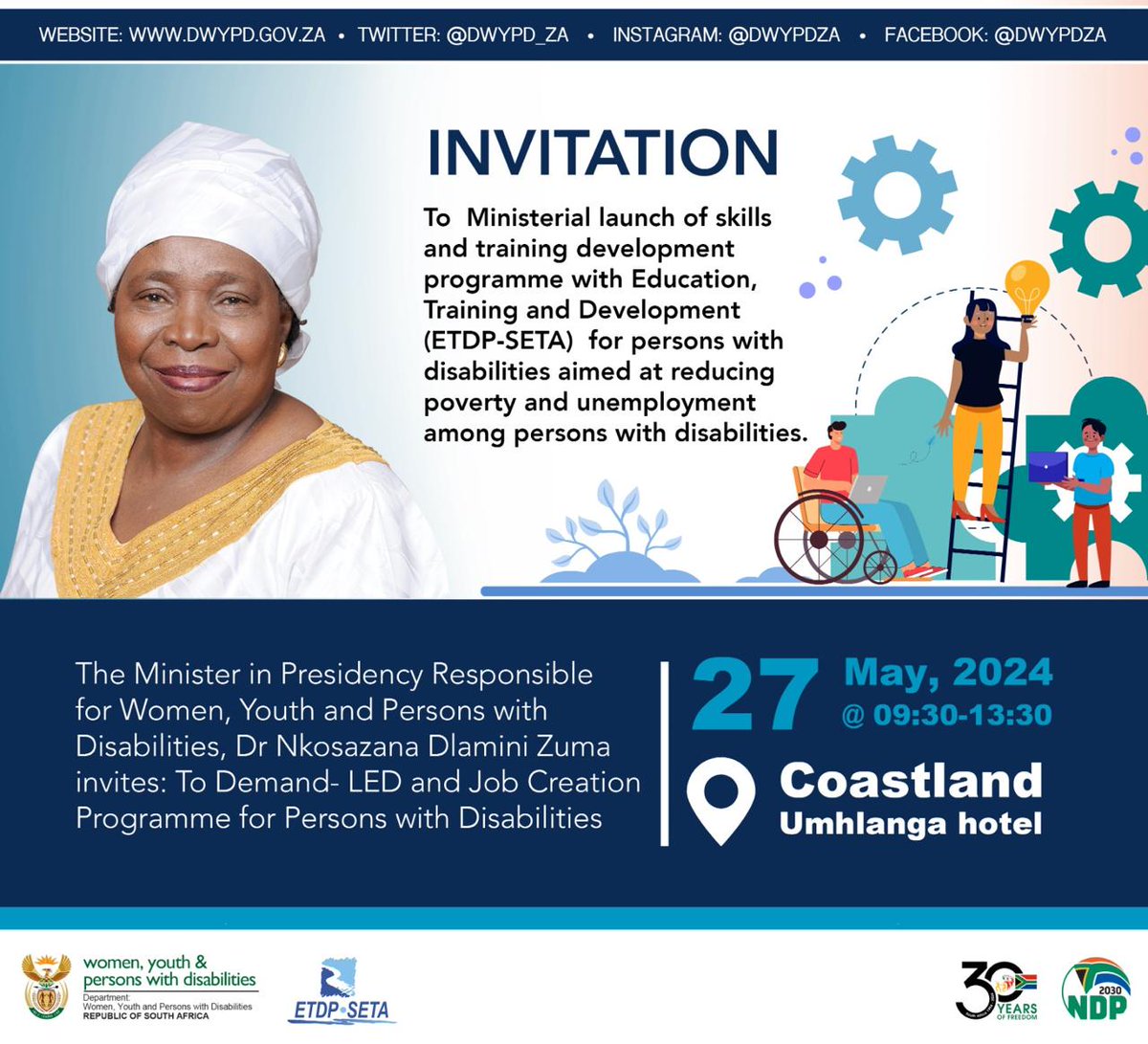 Happening today] Minister @DlaminiZuma launches Demand -LED and job creation programme for persons with disabilities in Umhlanga, KZN.