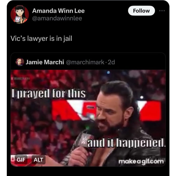Didn't Amanda Winn Lee get smashed at a con & take her shirt off dancing with Pen pen in front of a Japanese author & his children & have her own troubles with drugs? Maybe she's to burnt out to remember Nick isn't,nor ever was Vics attorney.