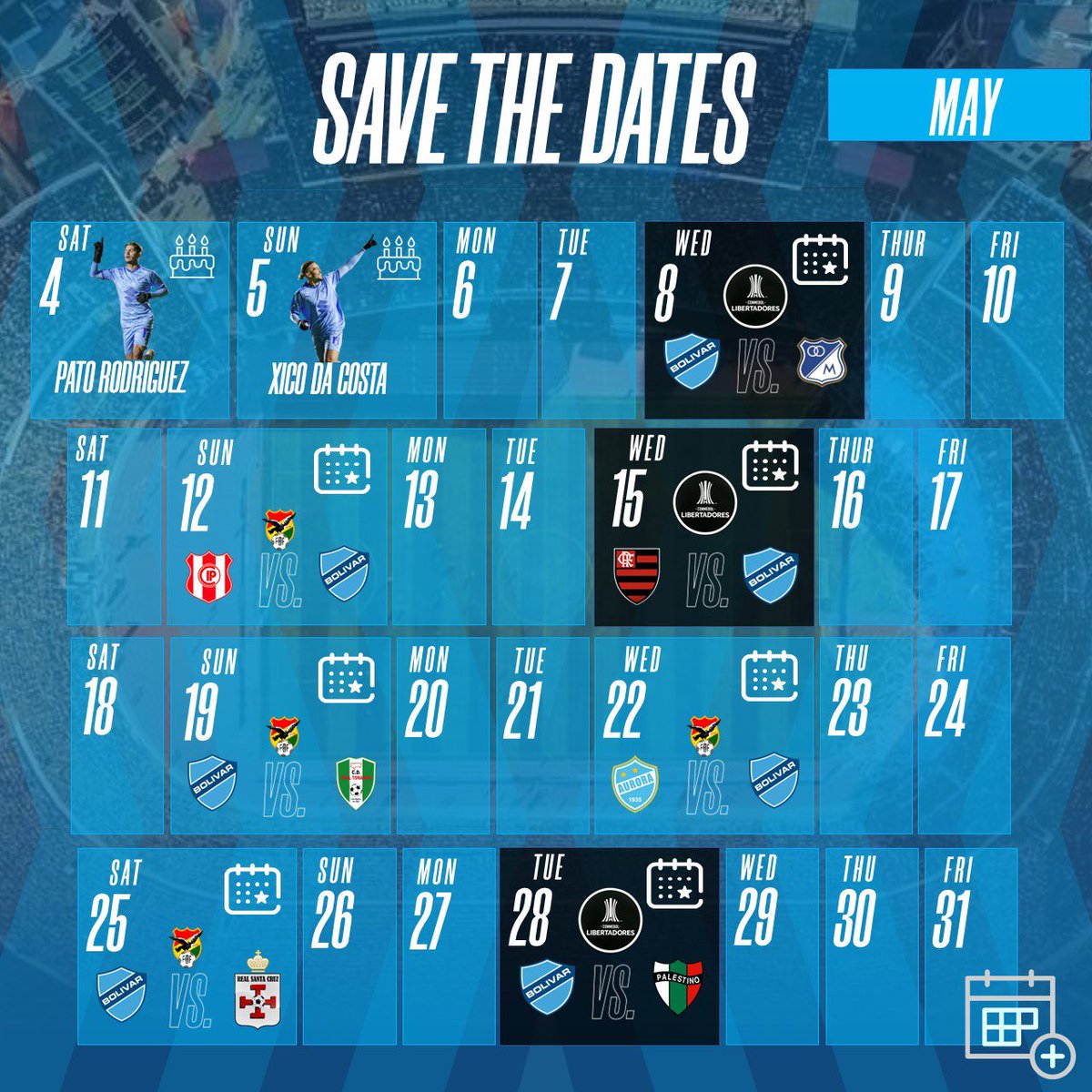 🗓️| S A V E  T H E  D A T E S❕

Check out the @Bolivar_Oficial events for the month of May 2️⃣0️⃣2️⃣4️⃣

 #ClubBolivar|| #Bolivar || #BolivarNews 
Follow us linktr.ee/Bolivarnews