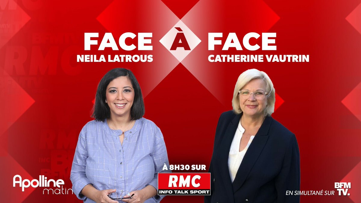 🎙️ Ce matin, Catherine @CaVautrin, ministre du Travail, de la Santé et des Solidarités est l'invitée du #FaceÀFace avec @Neila Latrous 👉 Rendez-vous à 8h30 sur RMC et @BFMTV