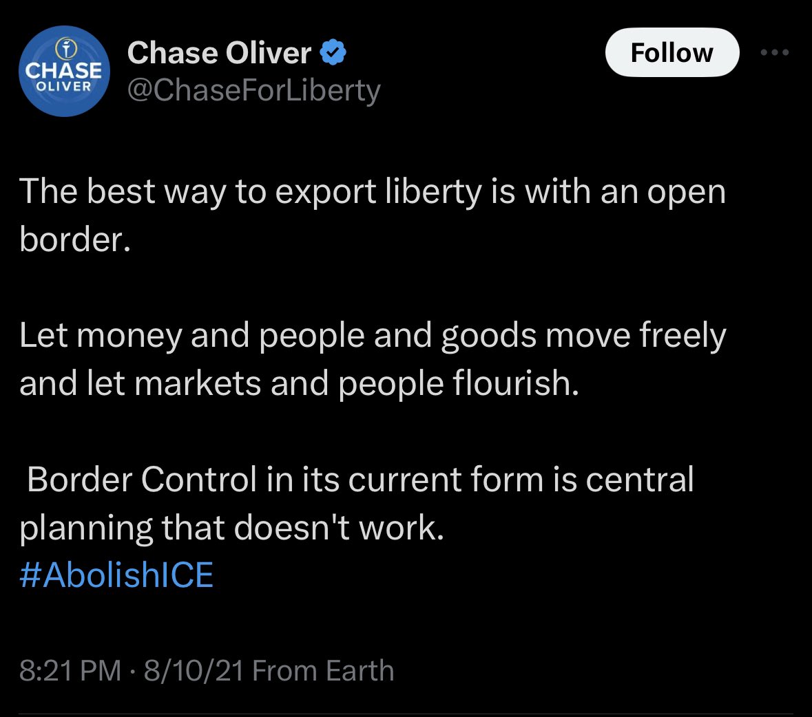 🚨 The Libertarians just nominated Chase Oliver, who has PUBLICLY called for:

➡️ Transing children
➡️ Mask & Vax mandates
➡️ Men in women’s sports
➡️ Open borders

And that’s just what he’s been calling for under Biden

What a joke. This guy’s not getting anywhere CLOSE to 3% 🤣