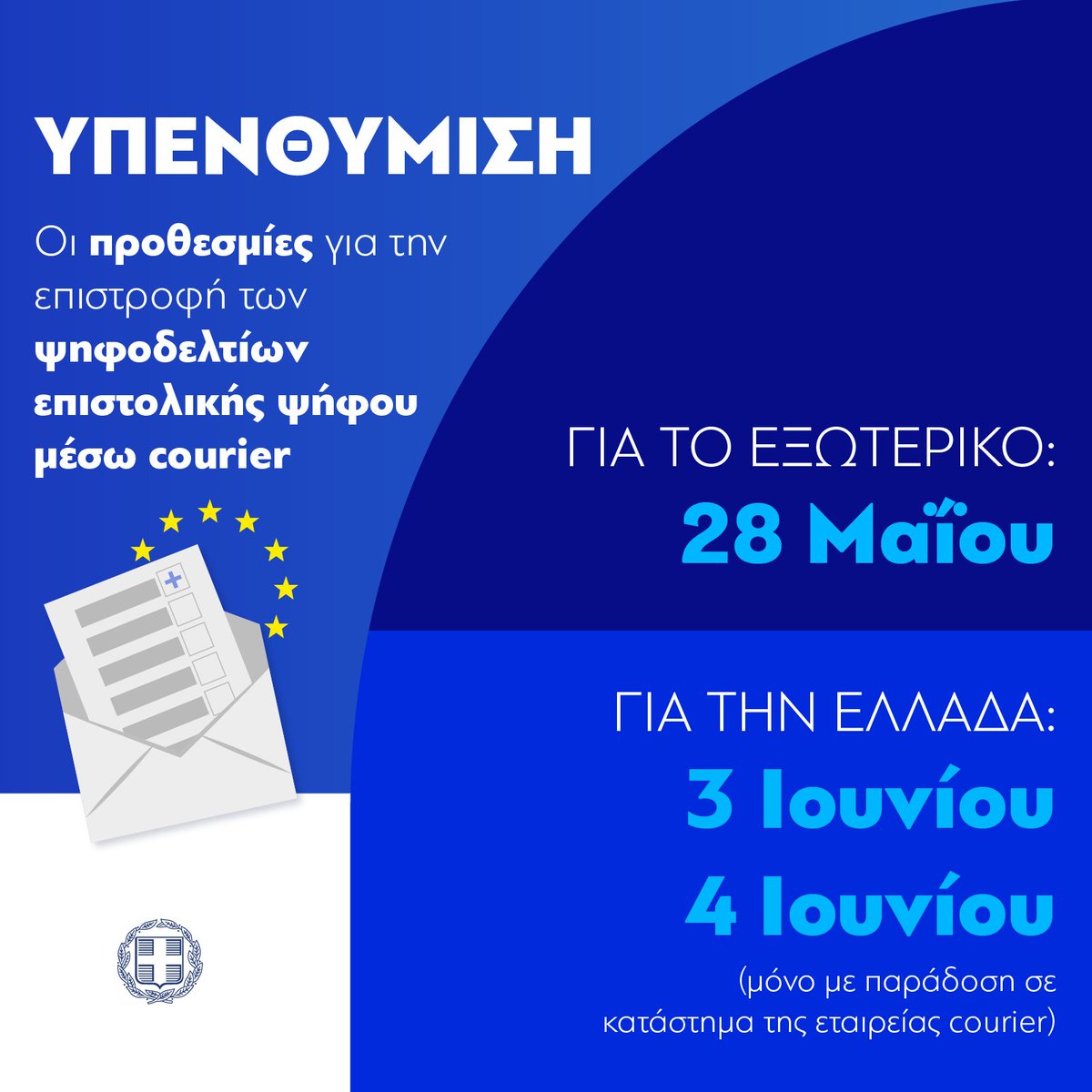 #PsiifizoMeEpistoliki
Ευρωεκλογές, 9 Ιουνίου 📨➡️🗳️
Παρέλαβες τον φάκελο με την επιστολική ψήφο - Mην ξεχαστείς! 

Μέχρι 28 Μαΐου, πρέπει να τον παραδώσεις στην εταιρεία ταχυμεταφορών που τον έφερε! Μέσω ☎️ ή 💻 κλείσε ραντεβού!

Για να προλάβει να φτάσει στην Αθήνα έγκαιρα!