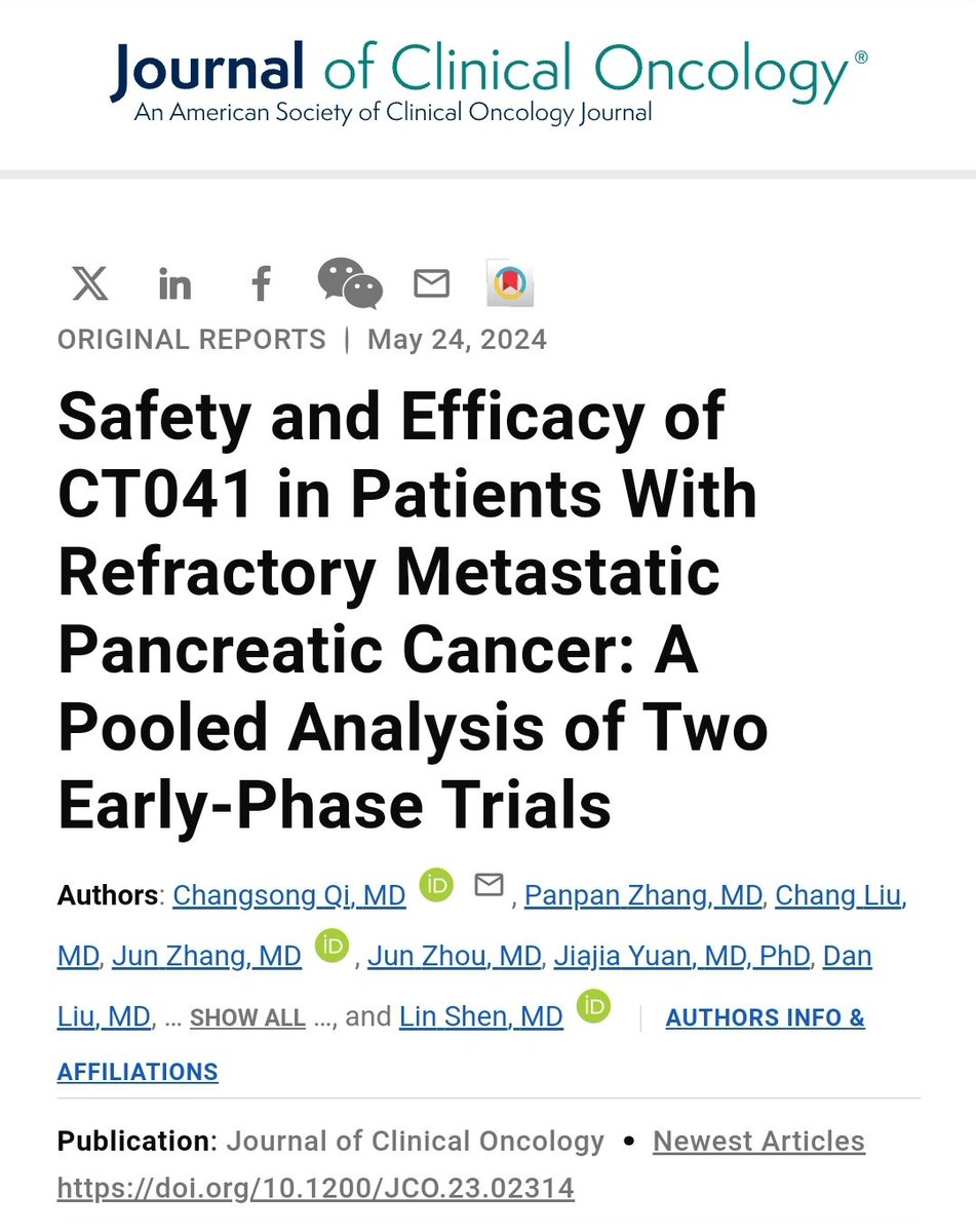 #CAR-T cells🎯#claudin18.2 in pretreated advanced #PDAC

👉2 phase I/Ib trials w 24 pts
👉79% ≥2  previous systemic lines
❌️ORR 16.7%
✅️DCR 70.8%
❌️mPFS 3.3 mths
✅️mOS 10.0 mths
✅️mDoR 9.5 mths 
ascopubs.org/doi/10.1200/JC…

#celltherapy #pancreaticcancer 
@JCO_ASCO