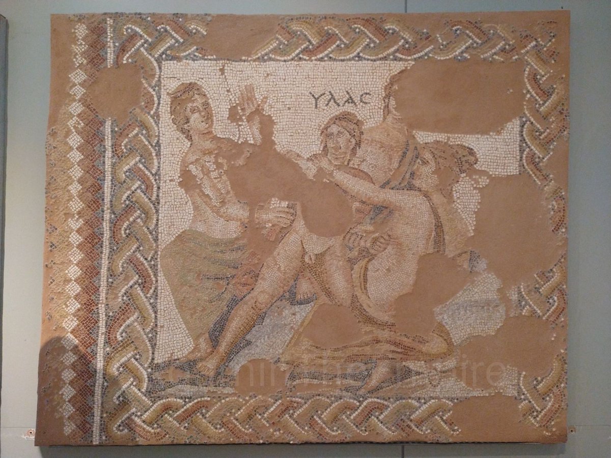 #MosaicMonday, from yesterday's visit to the Archaeological Museum of Amphipolis, a mosaic depicting Hylas (identified by the inscription at center) and the Nymphs. From the Roman House at Amphipolis. Dated to the 3rd century CE. #Archaeology #RomanArchaeology #Greece