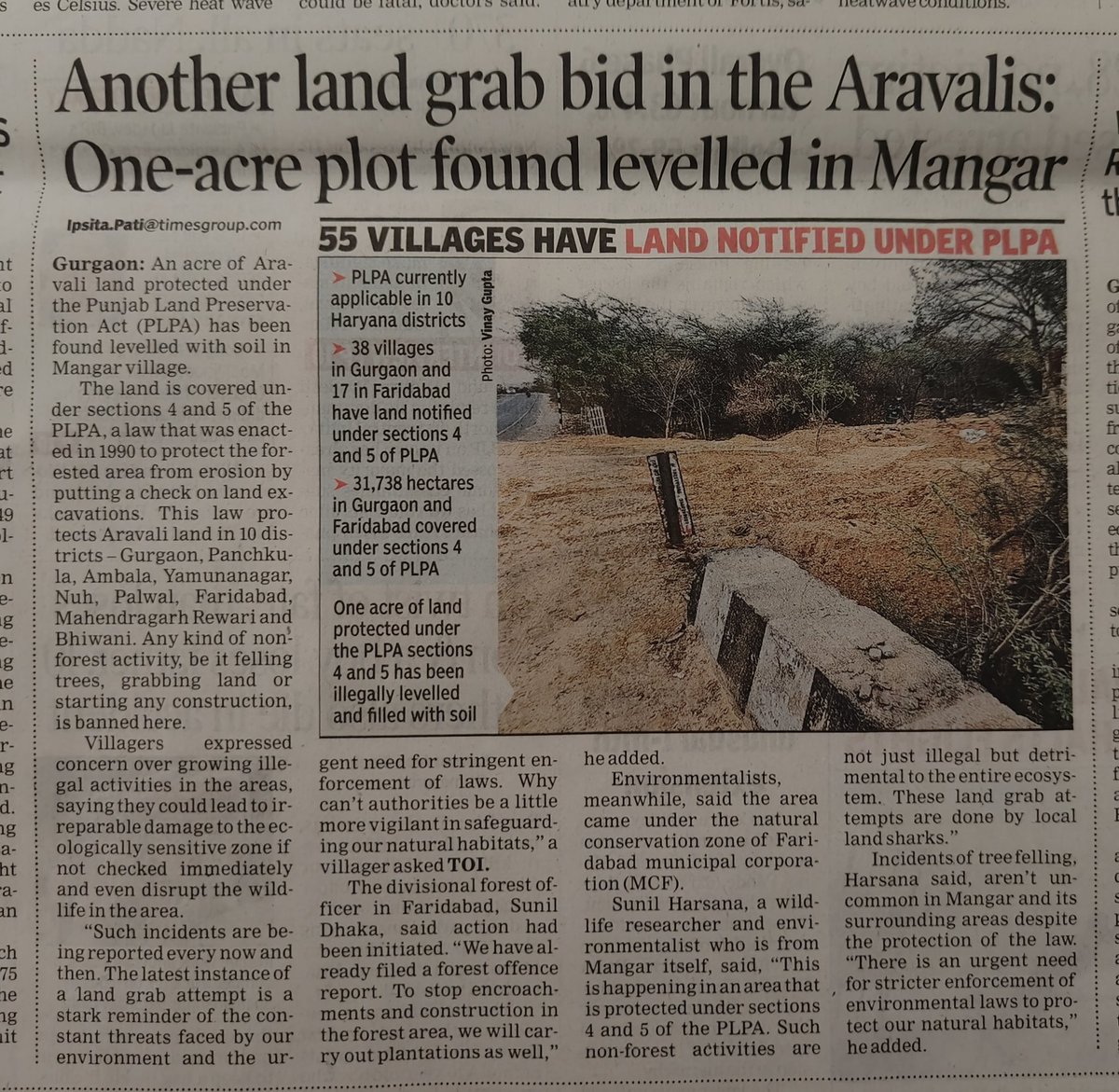 Another land grab bid in #Aravalis, 1-acre plot found levelled in Mangar @debadityo @SunilHarsana @ActivistGulati @rameshpandeyifs @pargaien @rahuulchoudhary timesofindia.indiatimes.com/city/gurgaon/a…