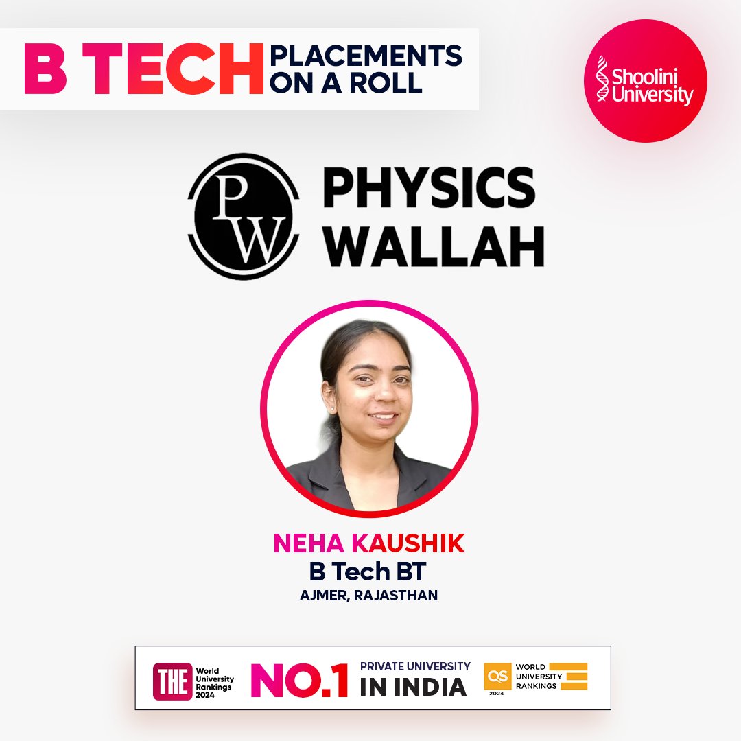 Congratulations to our young BTech Biotech students - Hanisha & Neha - for being placed at Physics Wallah, India's leading online ed-tech platform. 💪
We are proud of you both.

#PhysicsWallah #Placements2024 #Placements #CampusPlacements #BTech #BTechBiotech #ShooliniUniversity