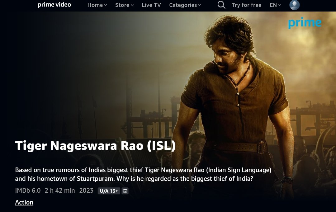A Welcome Change in Indian Cinema! #TigerNageswaraRao is streaming on Prime Video in Indian Sign Language (ISL). More movies should build this culture in the days to come.