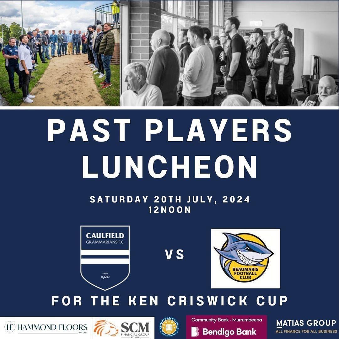 Our next luncheon is coming up soon and it’s always a big one! The Past Players Luncheon will be held on the 20th of July at Glen Huntly against Beaumaris.
Tickets are now available: CGFC.com.au/membership 💙🤍 

#yourfields