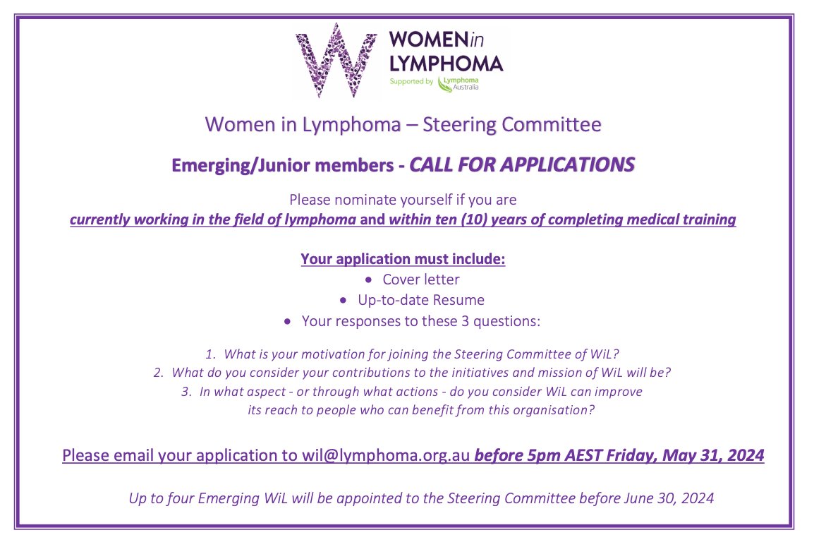 ⚕️Applications for Emerging @WomenInLymphoma to join the global #SteeringCommittee 🌏close THIS FRIDAY May 31 at 5pm AEST🇦🇺Details below 👇 #lymphoma #lymphome #linfoma #淋巴瘤 سرطان الغدد الليمفاوية #lymphom #リンパ腫 #lymfom #lymfoom