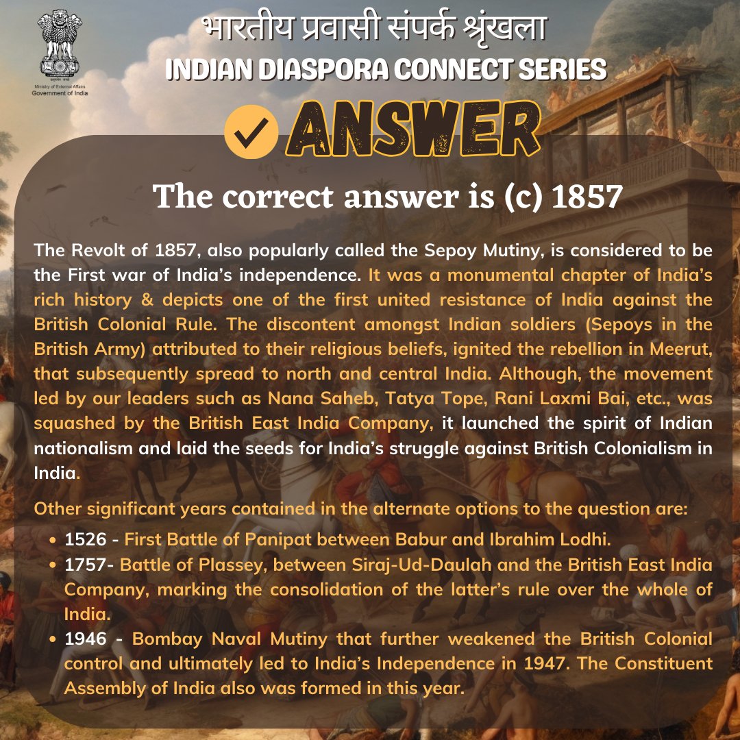 Dear Bharatiya Pravasis, here is the correct answer for Friday's quiz question.✅✅ More Questions coming soon... 🔜 #indiandiasporaconnect #bharatiyapravasisampark #indianhistory #IndianHeritage #KnowIndia #pravasibharatiya #IndianDiaspora #bharatiyapravasisamparkabhiyan