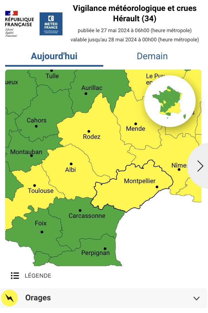 🟡⛈️ L’#Hérault est placé par @meteofrance en vigilance jaune orages ce lundi jusqu’à 14h. 👉 Soyez prudents dans vos déplacements. ⚠️ Attention aux activités sensibles au risque météorologique.