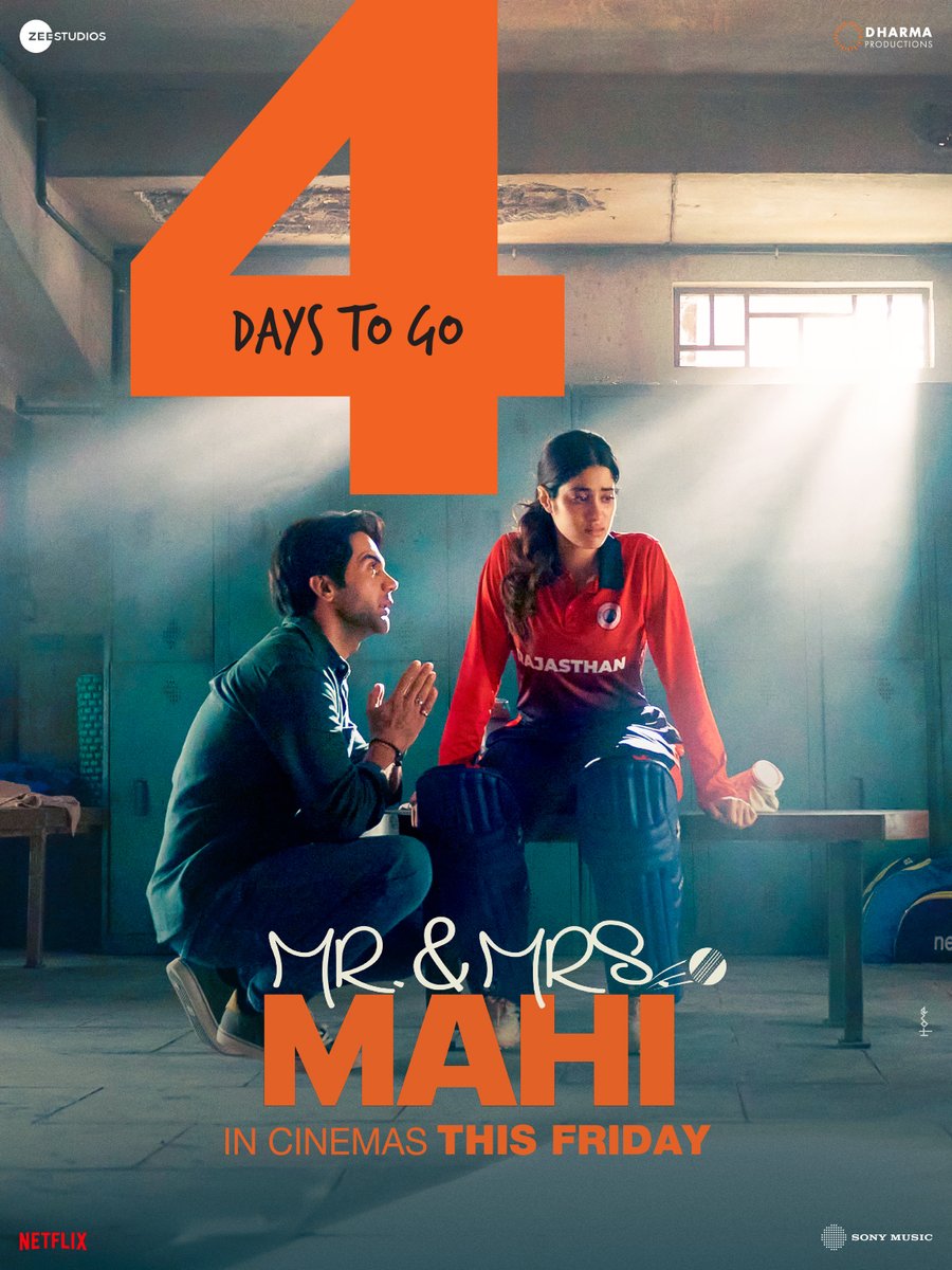 Can’t keep calm as the excitement here has no boundary!😍 4 DAYS TO GO! #MrAndMrsMahi in cinemas this Friday. #KaranJohar @apoorvamehta18 @RajkummarRao #JanhviKapoor #SharanSharma #NikhilMehrotra @somenmishra0 @DharmaMovies @sonymusicindia