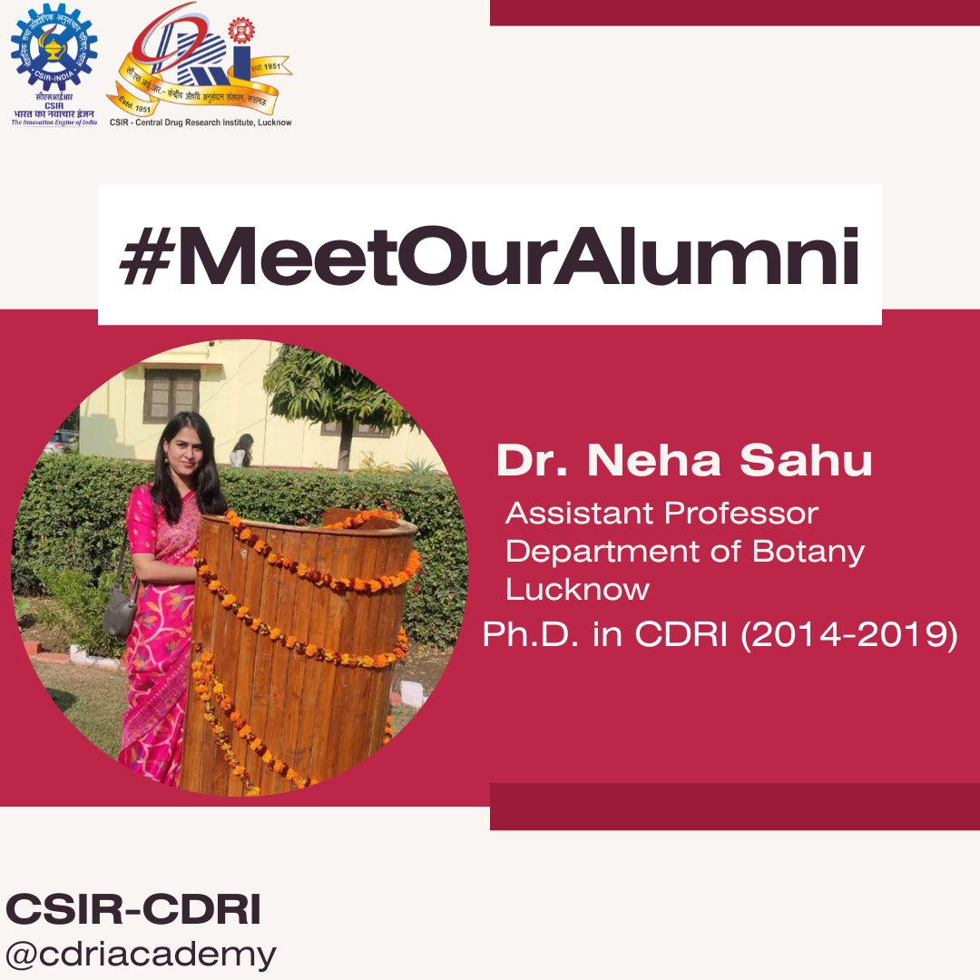 🌟 #MeetOurAlumni: Celebrating Dr. Neha Sahu! @Dr_Neha_sahu 🌟 PhD @CSIR_CDRI during 2014-2019 with Dr. KR Arya & now inspiring minds as an Assistant Professor in Botany at Lucknow University @lkouniv! 🌿📚We are so proud of our alumni achievements! #OurAlumniOurPride @CSIR_IND