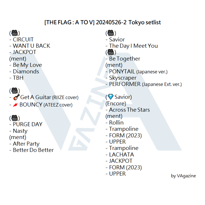NC_vvs's tweet photo. @VannerOfficial @Mintcat_VVS 20240525-26 [THE FLAG : A TO V] 2024 VANNER 1st Concert in Tokyo
演唱會表演歌單 Tracklist

#VANNERarchive #VAgazine #AtoV #VANNER2024 #VANNER #배너
@VANNEROfficial @Mintcat_VVS https://t.co/Ns7DHVvQKI