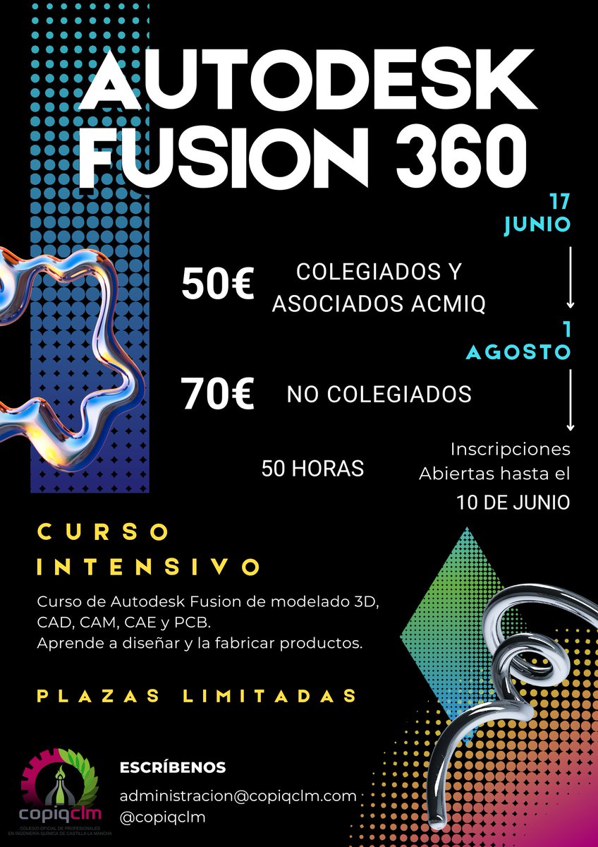 📢El 17 de junio empieza el curso online de Autodesk Fusion360 organizado por COPIQCLM. Aprende modelado 3D, CAD, CAM, CAE y PCB. Inscripción abierta hasta el 10 de junio.
Precio: 50€ asociados, 70€ público general.
Info y registro: administracion@copiqclm.com. ¡Te esperamos!😊