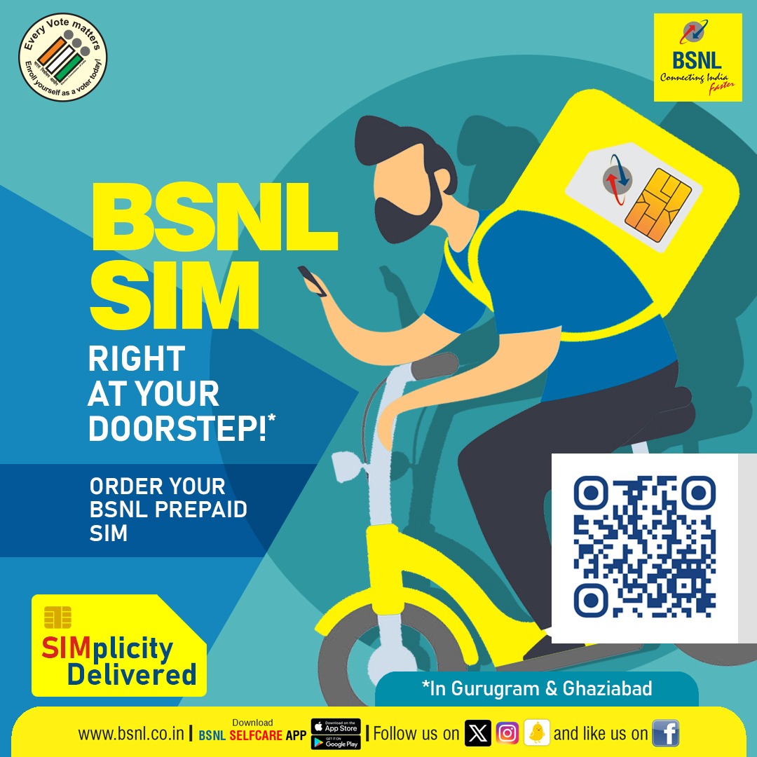 Convenience at Your Doorstep! Get your new BSNL SIM delivered right to you. Click here: bit.ly/4bLu8HC to order now! *Available in Gurugram & Ghaziabad only #BSNL #BSNLSIMplicityDelivered