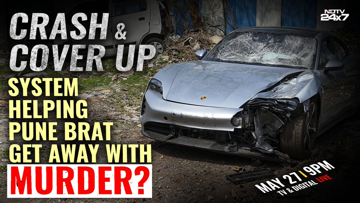 Tonight at 9pm: Forgery, criminal conspiracy charges added against father of Pune teen. The Crime Branch have framed charges after two doctors were arrested for allegedly manipulating the blood test report of 17-year-old Vedant Aggarwal who ran over 2 people in his Porsche. @ndtv