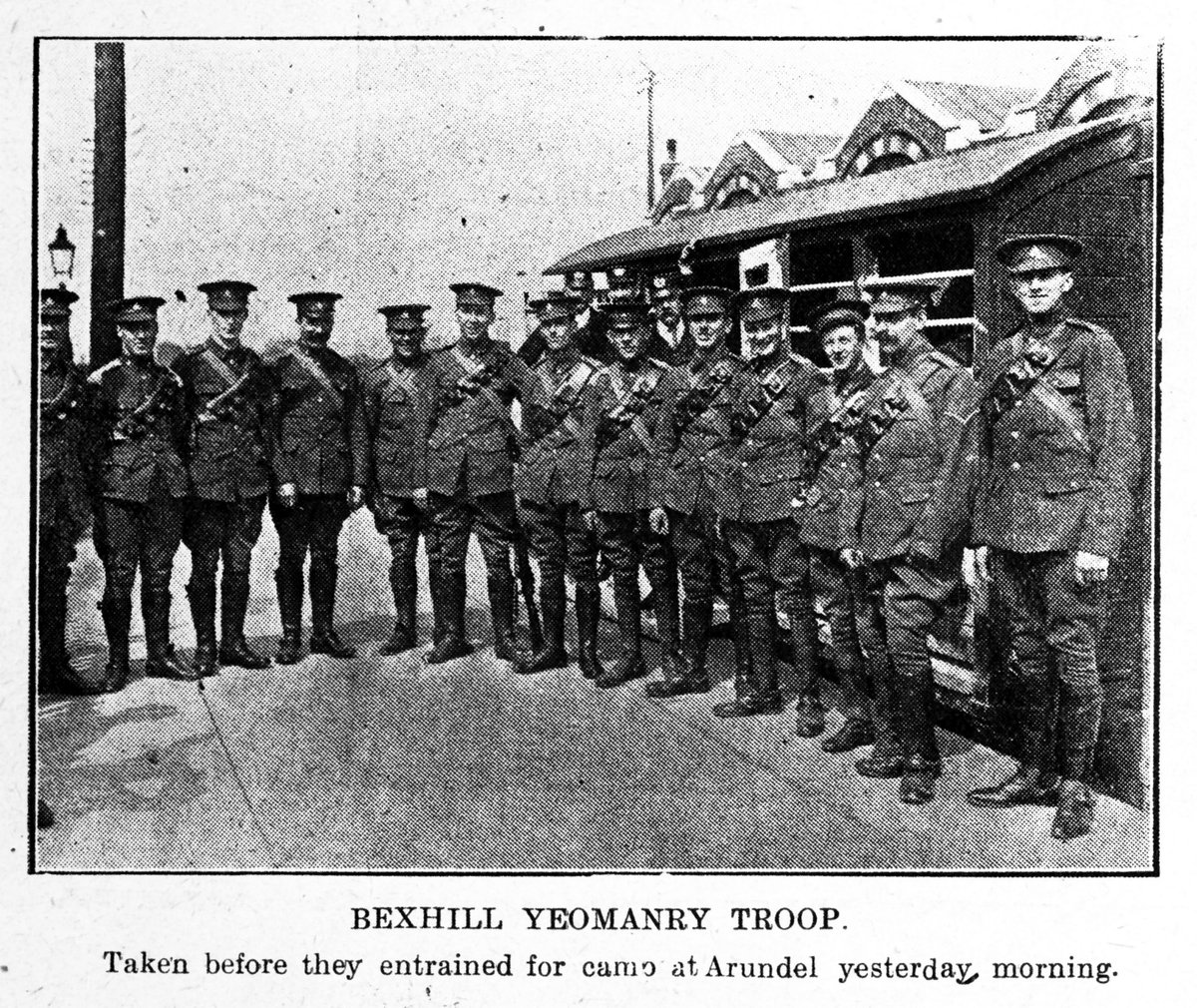 'Bexhill Yeomanry Troop.
Taken before they entrained for camp at #Arundel yesterday morning.' @BexhillObs 27.5.1911. This shows the decorative roof of the old taxi ranks on the north side of the railway line. #Bexhill #Sussex #History #1910s #Railway