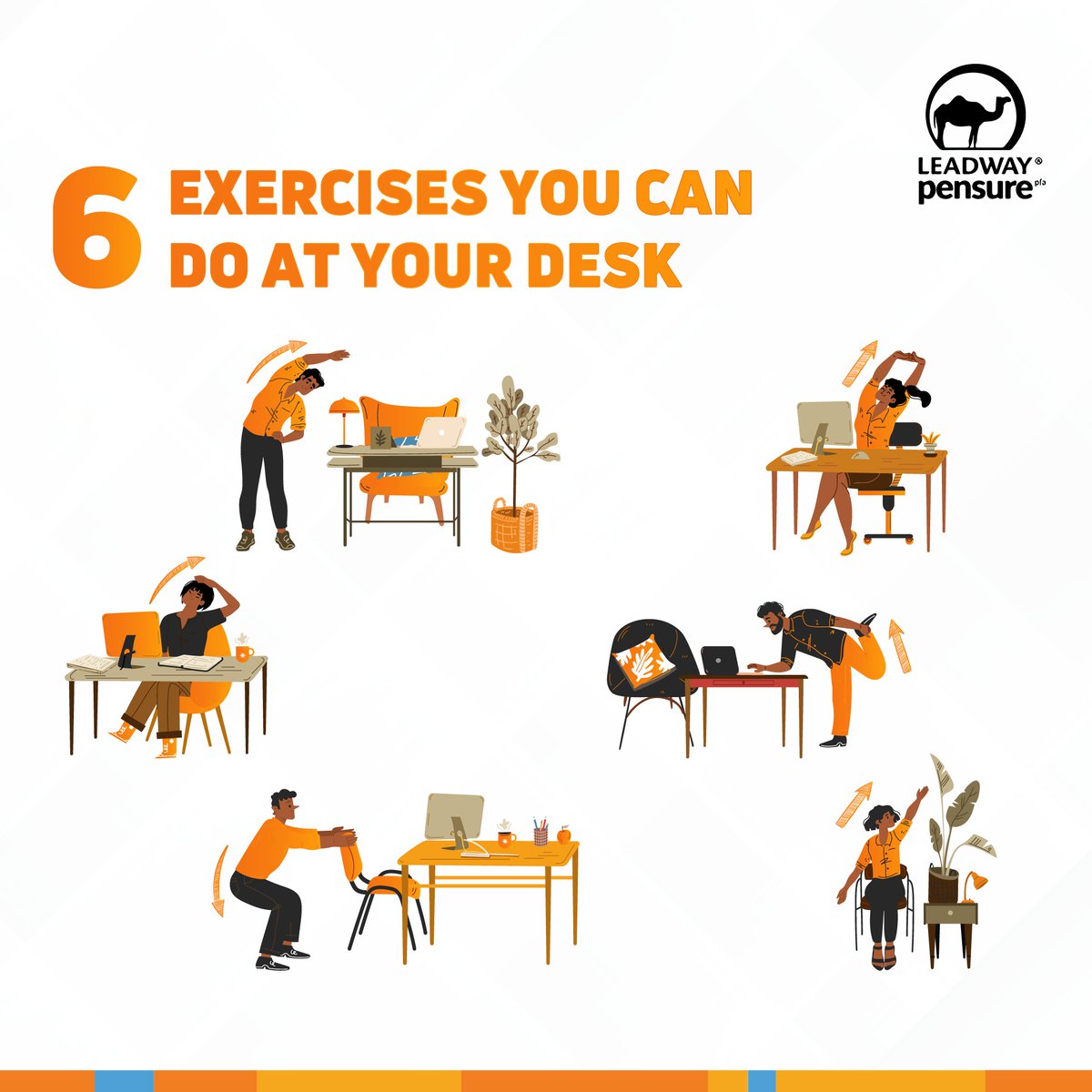 Living your best life starts with self-care. Try these exercises at your desk to rejuvenate your body and mind, boost productivity, and thrive at work.

Happy New Week!

 #SelfCare #Liveyourbestlife #LeadwayPensure #Leadway #DeskExercises