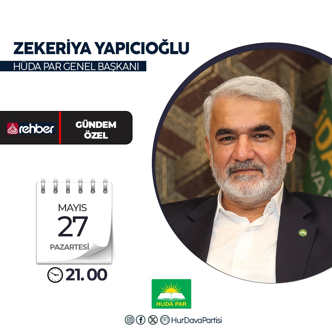 Genel Başkanımız Sayın Zekeriya Yapıcıoğlu, bu akşam saat 21.00’de Rehber TV’de Muhammed Hadi Aydemir’in sunduğu ‘Gündem Özel’ programının canlı yayın konuğu olacak.