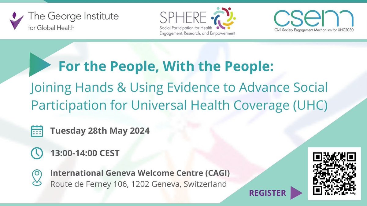 Tomorrow the SPHERE #WHA77 side-event will highlight evidence from #Argentina, #Tunisia, #Kenya, and #Vietnam for implementing and sustaining meaningful, inclusive participation in decision-making processes that affect health. Register here: shorturl.at/M6q3R