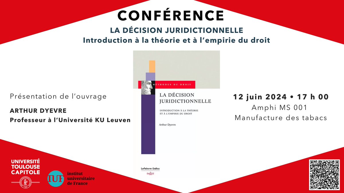 📢📖M. @julien_betaille organise le 12 juin prochain une conférence de présentation de l'ouvrage 'La décision juridictionnelle - Introduction à la théorie et à l’empirie du droit', animée par M. Arthur Dyevre, Auteur du livre et Pr à @KU_Leuven.
+ d'infos👉urlz.fr/qQ7W