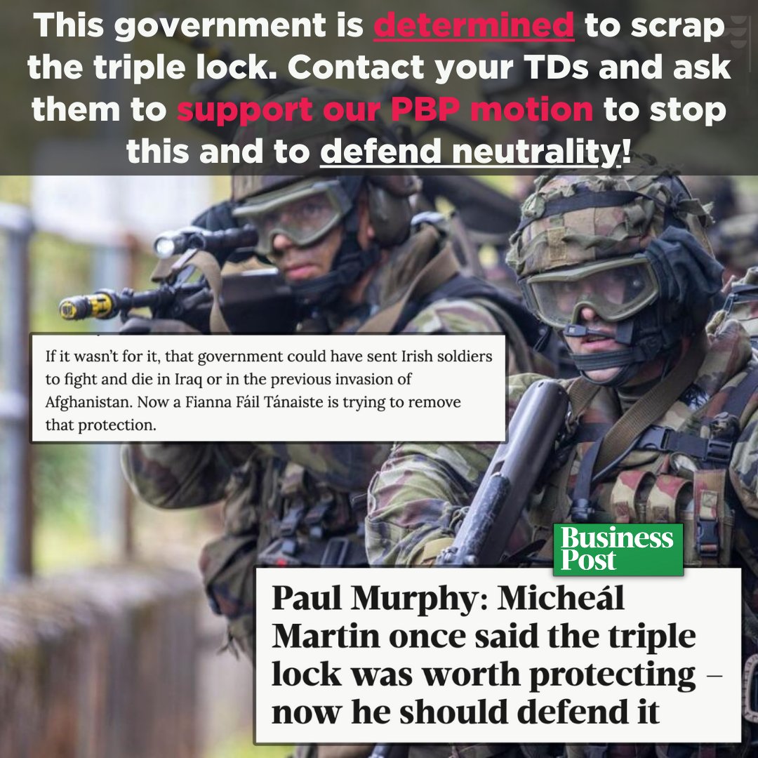 On Wednesday, a vital @pb4p motion is being brought forward by @bridsmithTD to defend the triple lock & what is left of neutrality. This government is determined to scrap the triple lock. The end of the triple lock would mean the end of any SEMBLENCE of neutrality.