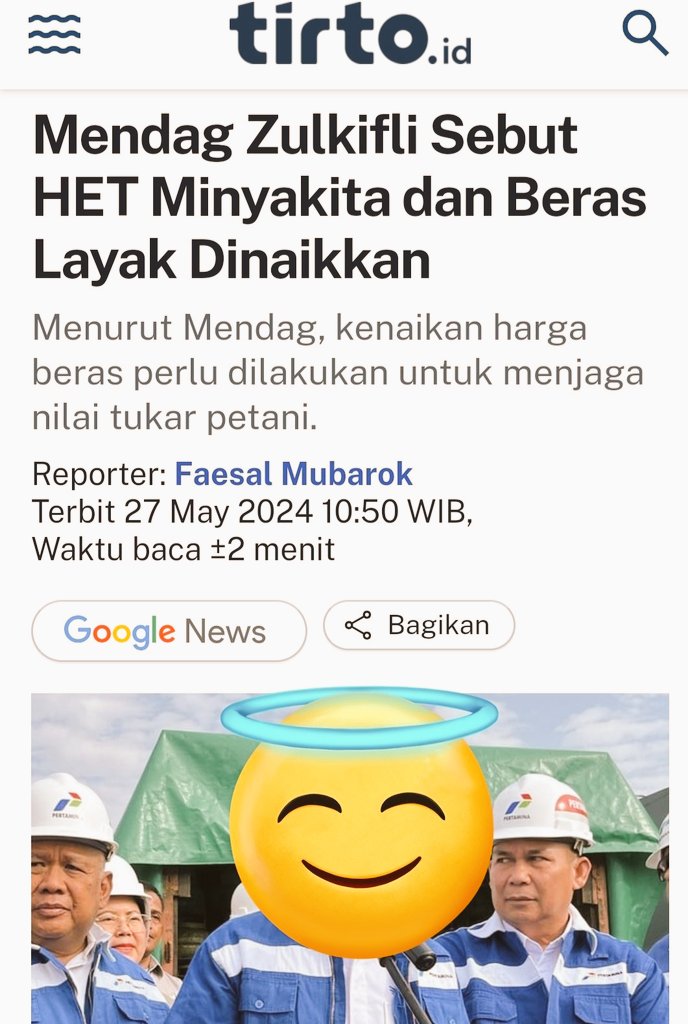 Pak @ZUL_Hasan YTH Demi kemakmuran Rakyat... Ada baiknya HET minyak Kita dinaikan jadi 70k/liter dan HET Beras Bulog 50k/kg.....