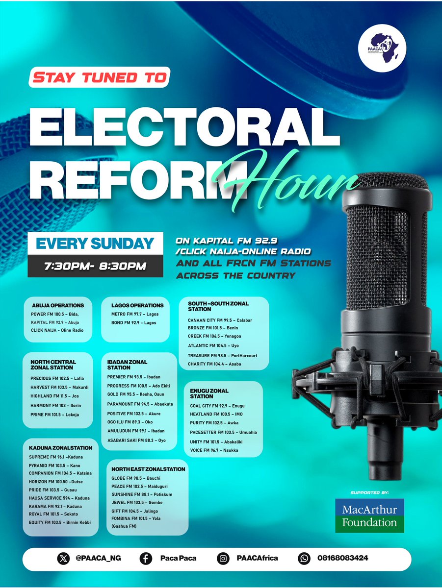 Tune in to Kapital Fm 92.9 and all FRCN stations every Sunday from June 9th, 7:30pm to 8:30pm and listen to your favourite radio program #ElectoralReformHour   

Don't miss out on insightful discussions, and expert opinions on how we can #ChangeOurElections for the better