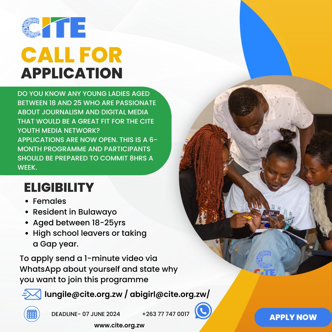 #CallForApplications
Are you a young woman in Bulawayo aged between 18 and 25? Excited about acquiring digital skills? Here’s your chance to join the CITE Youth Network's 6-month program!

To apply, create a 1-minute video introducing yourself and sharing why you're passionate