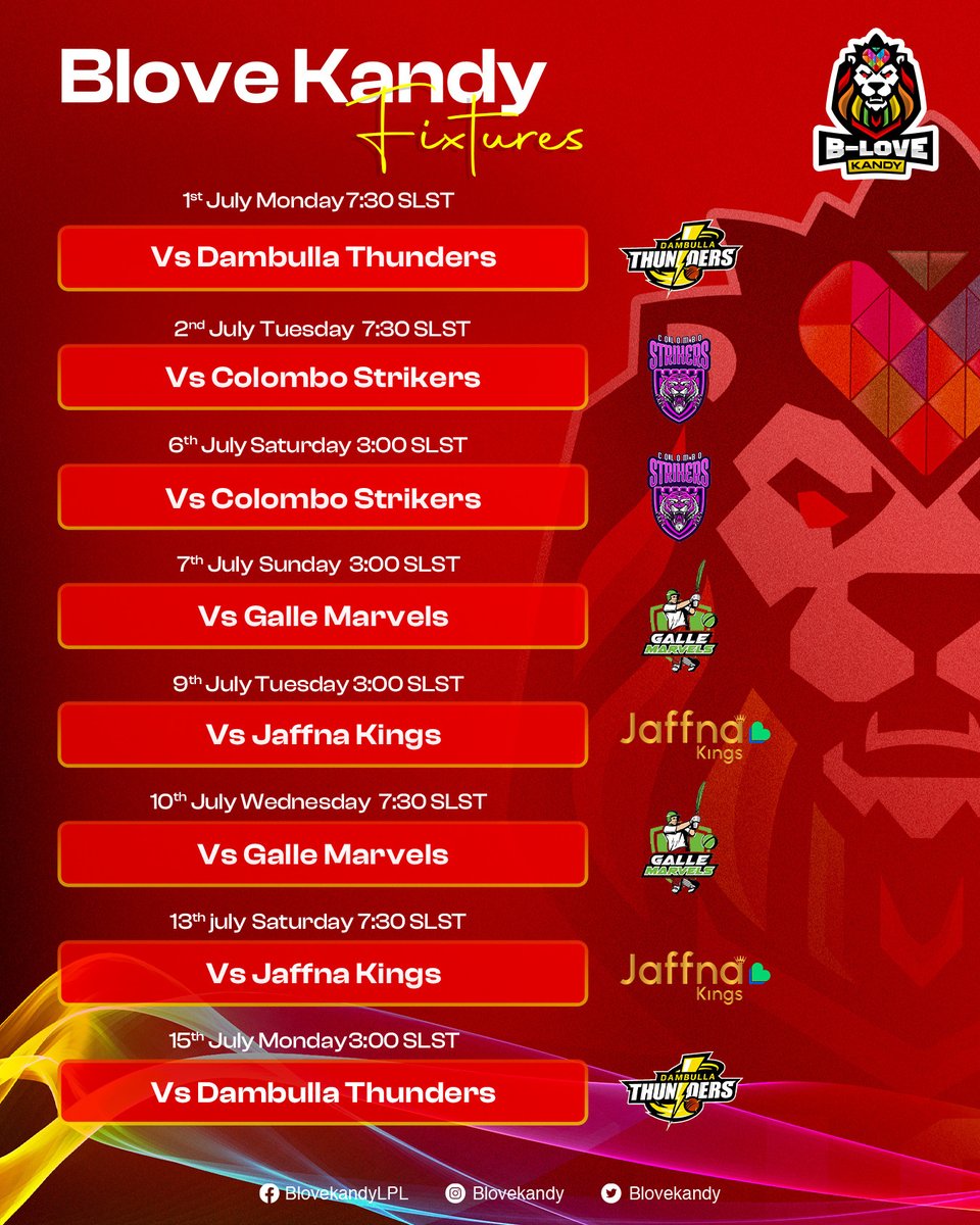 Get ready for a month full of excitement with B-Love Kandy in the LPL 2024 🏏
Here is the fixture for B-Love Kandy in the LPL 2024!
Are you ready to cheer for the Kandy Lions❓🦁
#BLOVEKandy #LPL2024 #LPLT20 #LankaPremierLeague #BLOVEKandyTeam #LPL5 #BLoveKandyisReady