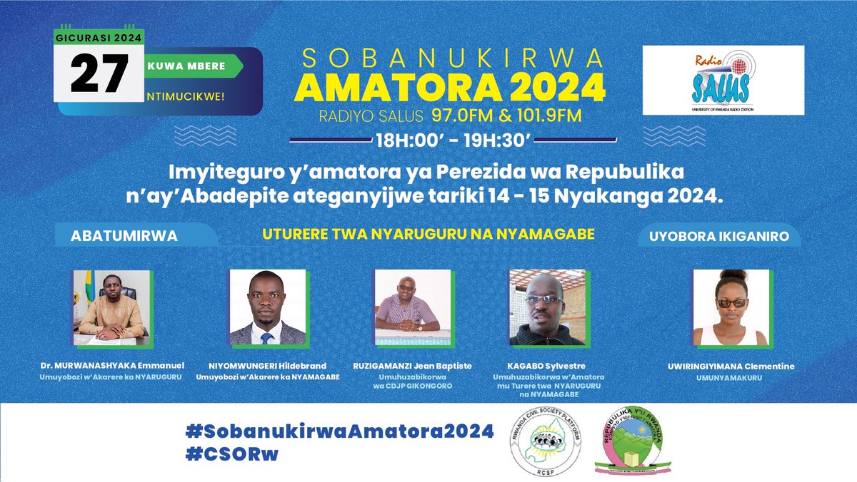 Kuri uyu wa mbere, 18:00-19:30, tubararikiye ikiganiro ku myiteguro y’amatora ya Perezida n’Abadepite. By’umwihariko abaturage ba @NyaruguruDstr &amp; <a href="/Nyamagabe/">Nyamagabe District</a>, murahabwa umwanya wo kubaza ibibazo abayobozi banyu.
Ni kuri <a href="/RADIOSALUS1/">UR- RADIO SALUS</a>. 
Ntimucikwe! 
#SobanukirwaAmatora2024
#CSORw
