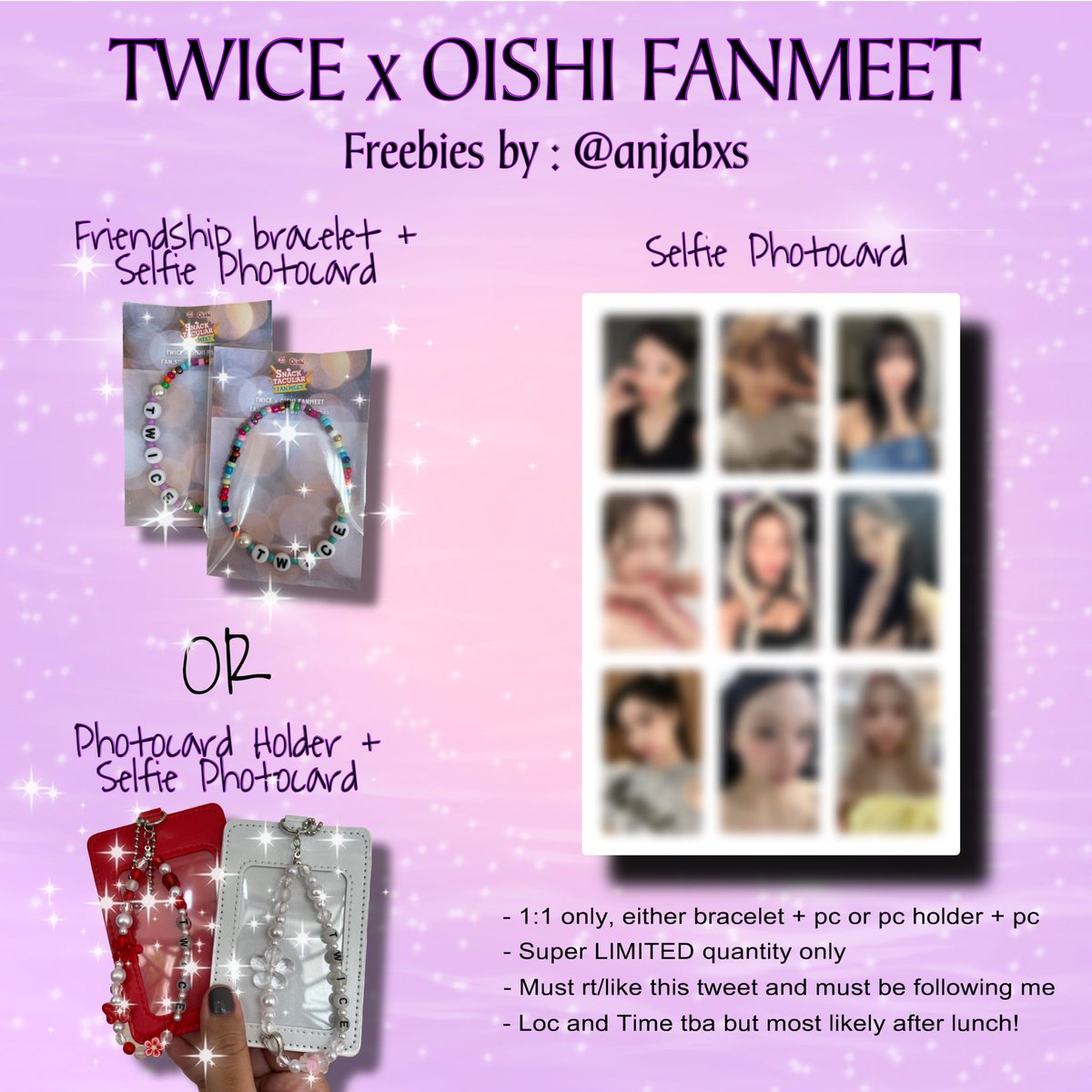 anjabxs's tweet image. TWICE x OISHI FANMEET
Fan support / Freebies by: @anjabxs 

- strictly 1:1 only
- vv limited quantity
- like, rt &amp;amp; mbf
- loc &amp;amp; time tba, will post it on d-day ✨

*bracelets and pc holders are member-color coded

See you on June 1st! 🫶🏻