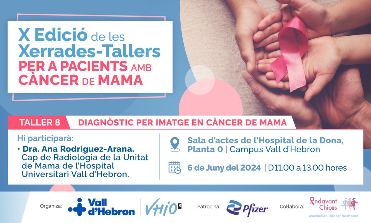 📣 Nou taller per a pacients amb #CàncerMama❗️ 🔹 Diagnòstic per imatge en càncer de mama 🗓️ 6 de juny ⏰ D'11 h a 13 h 🗣️ Amb Ana Rodríguez-Arana, cap de Radiologia de la Unitat de Mama #VallHebron 📍@vallhebron