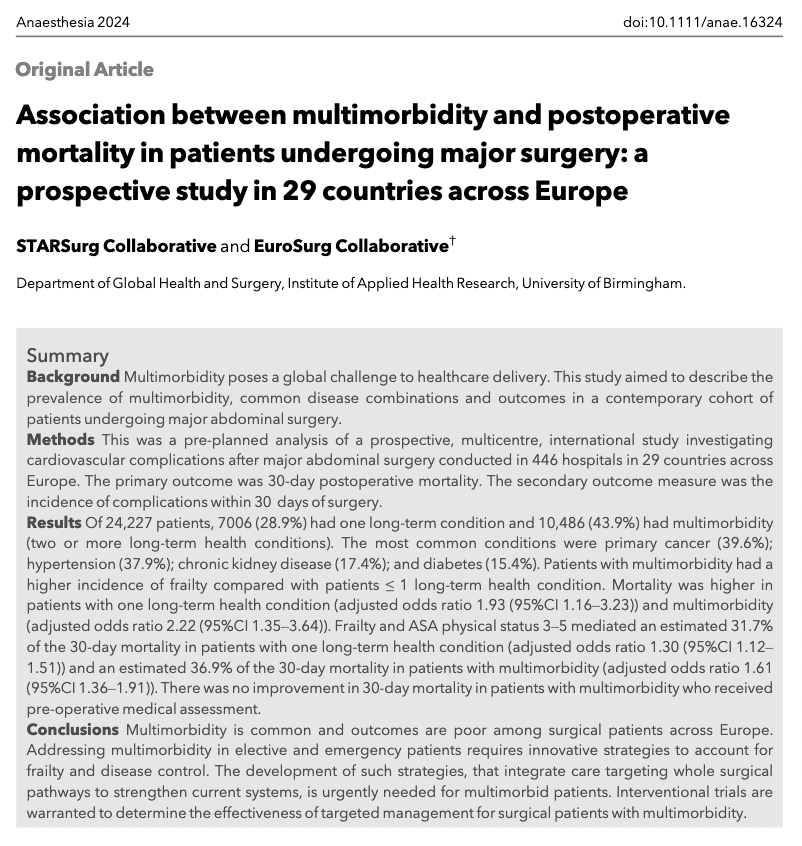 🔓Association between multimorbidity and postoperative mortality in patients undergoing major surgery: a prospective study in 29 countries across Europe @Sivesh93 @STARSurgUK @EuroSurgIntroduction 🔗…-publications.onlinelibrary.wiley.com/doi/10.1111/an…